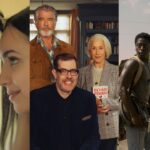 Montagem com três imagens promocionais de filmes, colocadas lado a lado. À esquerda, cena do filme My Oxford Year: os atores Sam Claflin e Victoria Justice se encaram de perto com carinho, em clima de romance. Ao centro, imagem do filme Clube do Crime das Quintas-Feiras: Pierce Brosnan e Helen Mirren aparecem em pé em um ambiente aconchegante com estante de livros, ao lado do autor Richard Osman sentado e sorrindo, segurando um exemplar do próprio livro. A atmosfera é de mistério leve e investigação. À direita, cena do filme Longa Marcha, adaptação da obra de Stephen King: os atores David Jonsson e Cooper Hoffman caminham em um ambiente externo sob o sol, com roupas de sobrevivência, mochilas e expressão tensa, transmitindo clima de distopia e resistência física.