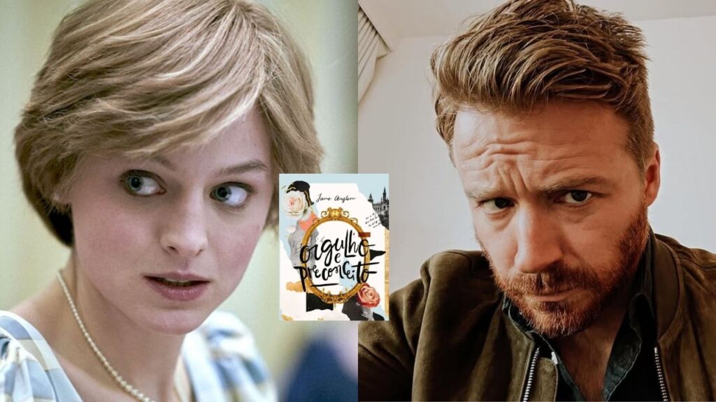 Montagem de Emma Corrin e Jack Lowden, próximos protagonistas de Orgulho e Preconceito. A imagem possui duas fotos dos artistas, uma de Emma como Princesa Diana, e outra do ator encarando a câmera em uma selfie. A capa do livro também foi inclusa.
