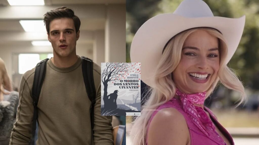 Montagem de Margot Robbie (Barbie) e Jacob Elordi (Euphoria), protagonistas do novo "O Morro dos Ventos Uivantes". A montagem possui a capa do livro de Jane Austen.