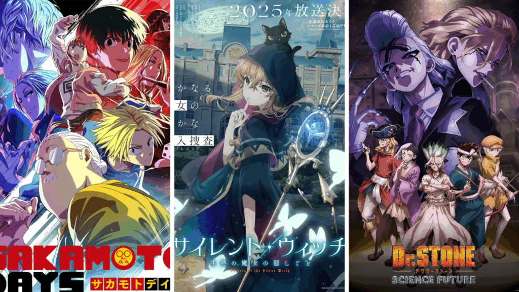 Capas promocionais dos animes que serão lançados em julho. Os que aparecem são: Sakamoto Days, Secrets of the Silent Witch e Dr. Stone