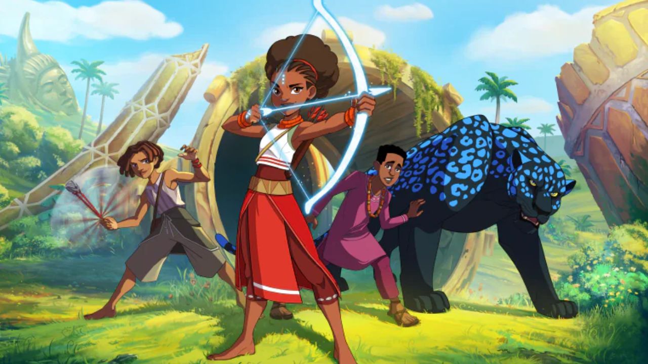 Ilustração colorida da animação “Iyanu”. Ao centro, a protagonista Iyanu, uma jovem negra de cabelos volumosos presos para cima, veste roupa tradicional africana em vermelho e branco, e segura um arco mágico azul em posição de ataque. À esquerda, um garoto negro empunha uma arma mágica com energia brilhante. À direita, outro jovem negro veste túnica roxa e está ao lado de uma pantera negra com manchas azuis brilhantes. Ao fundo, uma paisagem exuberante com árvores, palmeiras e grandes esculturas esculpidas no formato de rostos humanos, remetendo à cultura iorubá.