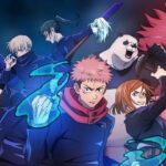 O trio de protagonistas de Jujutsu Kaisen — Yuji Itadori, Megumi Fushiguro e Nobara Kugisaki — junto com Satoru Gojo e Sukuna, em um ambiente místico, usando seus poderes sobrenaturais em uma cena cheia de energia e ação.
