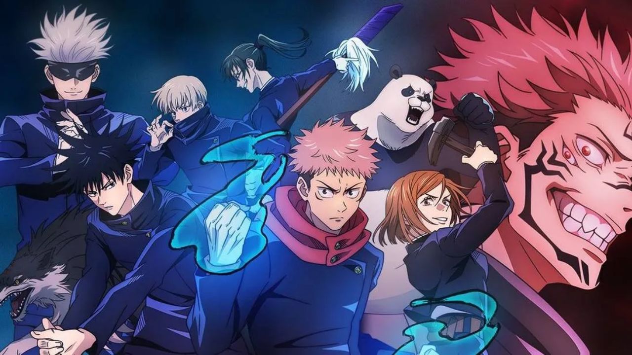 O trio de protagonistas de Jujutsu Kaisen — Yuji Itadori, Megumi Fushiguro e Nobara Kugisaki — junto com Satoru Gojo e Sukuna, em um ambiente místico, usando seus poderes sobrenaturais em uma cena cheia de energia e ação.