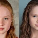 Molly McCann e Iona Bell, novas atrizes do filme "Amanhecer na Colheita", da franquia Jogos Vorazes, em fotos de perfil lado a lado, destacando suas semelhanças visuais.