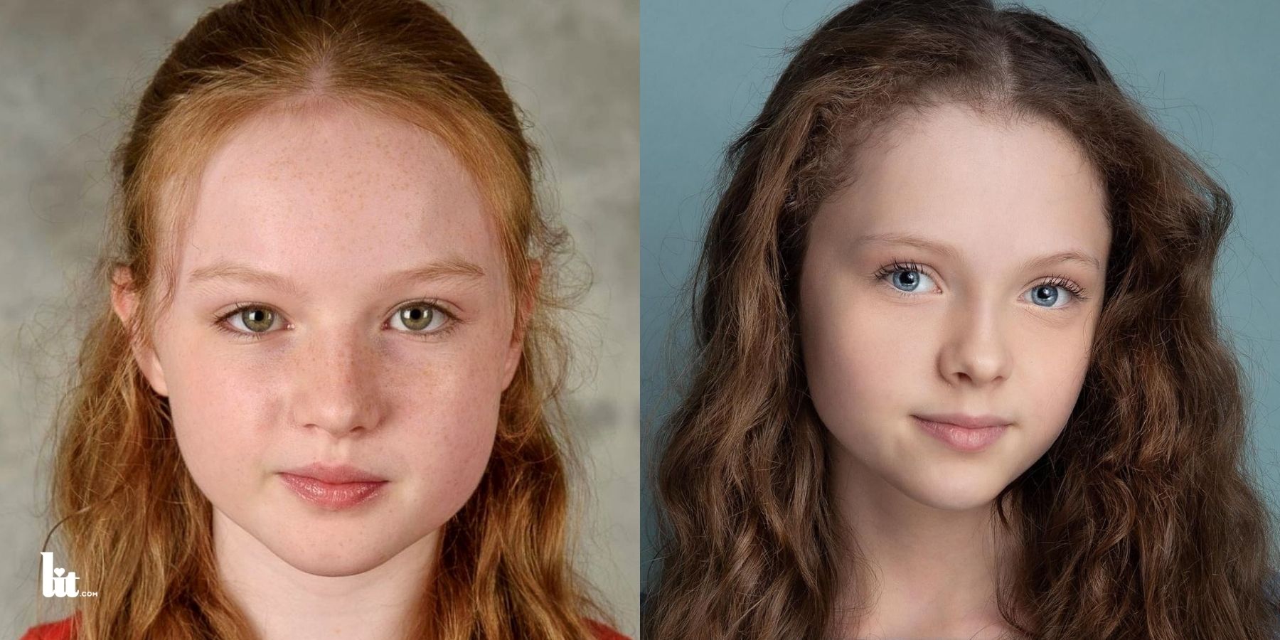 Molly McCann e Iona Bell, novas atrizes do filme "Amanhecer na Colheita", da franquia Jogos Vorazes, em fotos de perfil lado a lado, destacando suas semelhanças visuais.