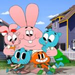 Gumball, um gato azul, em fundo vibrante com estilo 2D e 3D
