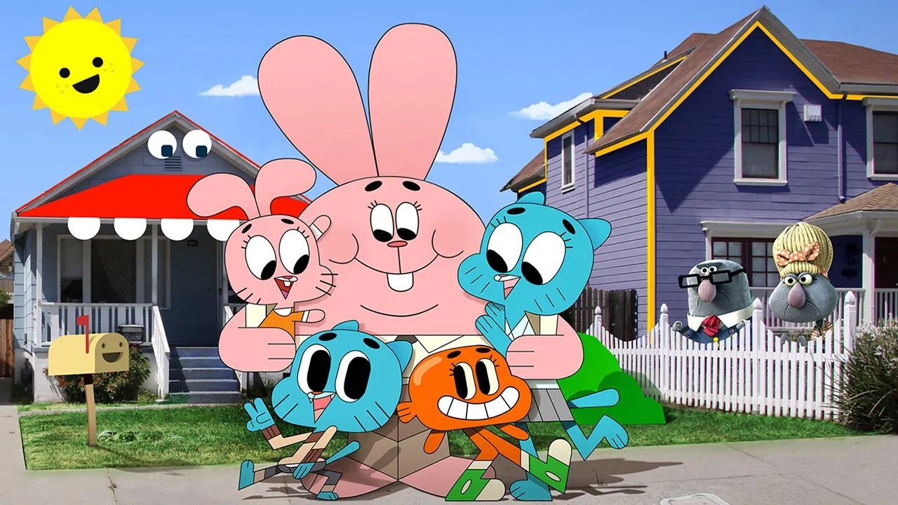 Gumball, um gato azul, em fundo vibrante com estilo 2D e 3D