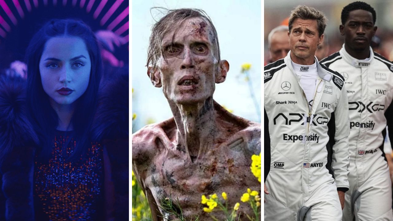 Montagem com três imagens de filmes diferentes. À esquerda, uma mulher de expressão séria e maquiagem marcante, com luzes roxas e azuis ao fundo, representando o filme 'Bailarina', derivado de John Wick. No centro, um zumbi magro e ferido, com aparência assustadora, cercado por flores amarelas, do filme 'Extermínio: A Evolução'. À direita, dois pilotos com macacões brancos de corrida, sendo o da frente interpretado por Brad Pitt, no filme sobre Fórmula 1, 'F1'