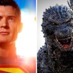 Montagem com duas imagens lado a lado. À esquerda, o ator David Corenswet caracterizado como Superman no filme Superman: Legacy, usando o icônico uniforme azul com o símbolo vermelho e amarelo no peito, iluminado por uma luz intensa ao fundo. À direita, o monstro Godzilla, em sua versão do filme Godzilla Minus One, com aparência ameaçadora, pele de textura rugosa, dentes afiados à mostra e olhos intensos. No filme de James Gunn.
