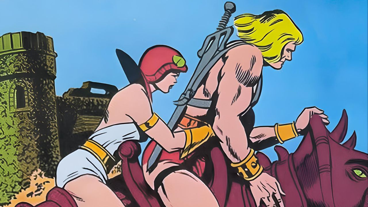 Desenho do super héroi He-Man com Teela, uma das principais aliadas do He-Man