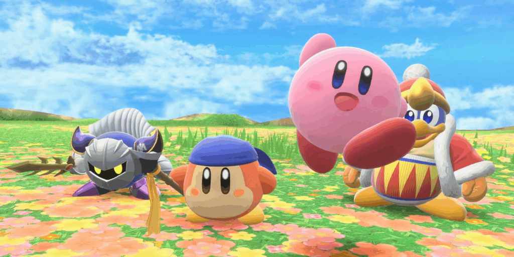 Kirby e outros personagens jogáveis em Kirby Air Riders