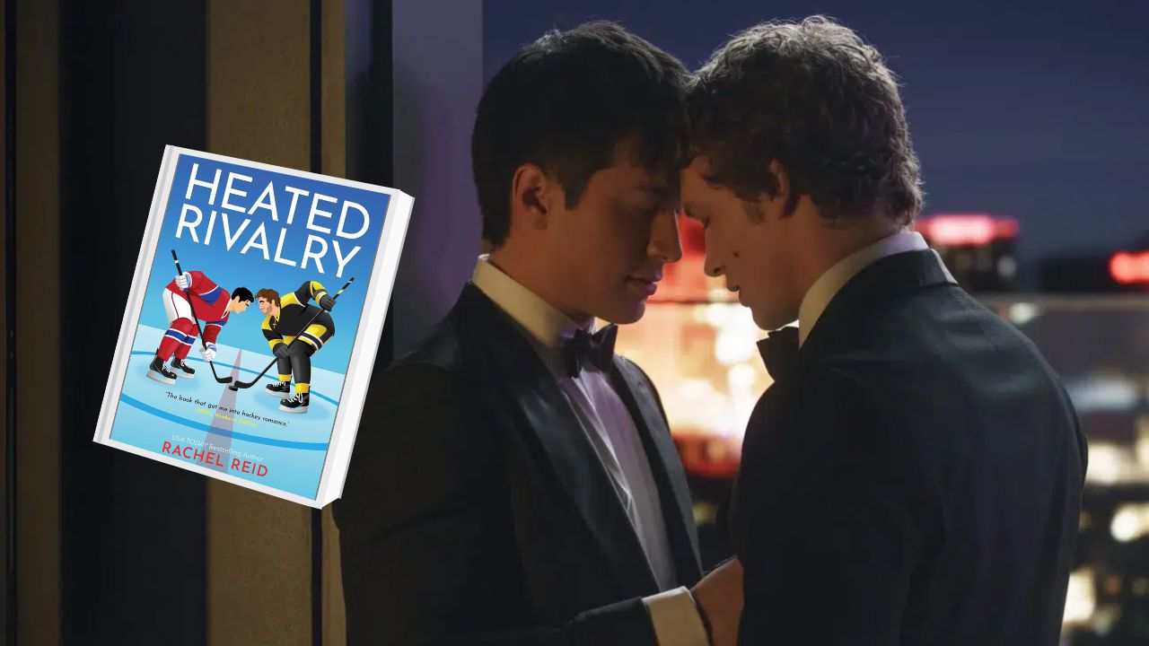 Casal de atores em clima intenso, com cabeças encostadas, juntamente à imagem do livro que inspirou a obra.