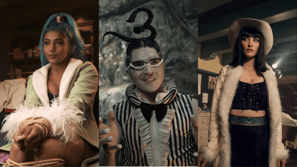 Charithra, David e Lena interpretando seus respectivos personagens na série Live Action de One Piece